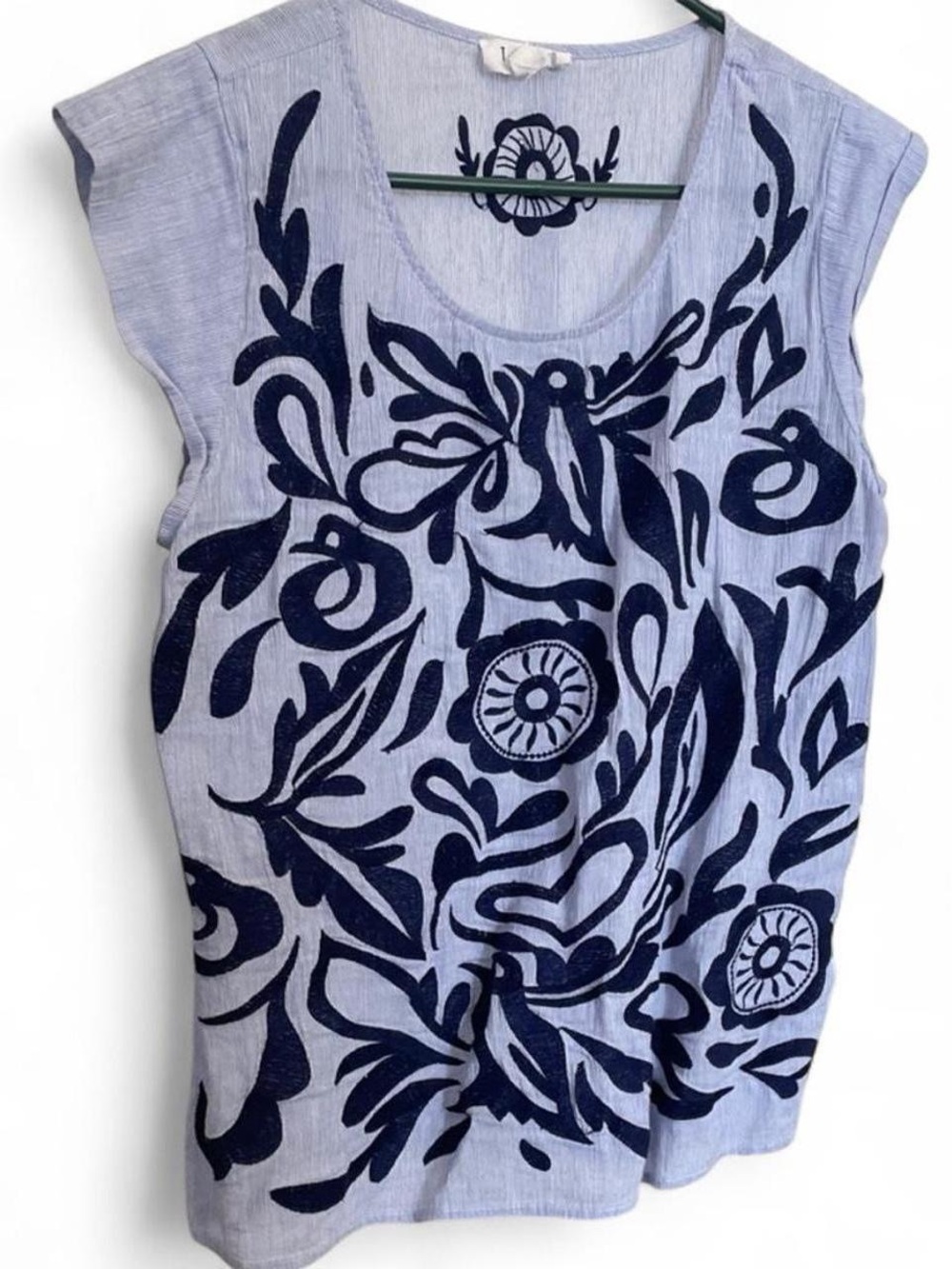 THML 100% Cotton Embroidered Bird Blouse Medium Blue White Boho Resort Top